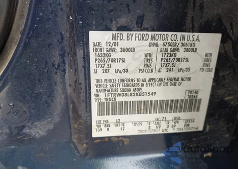 2002 Ford F-150 Lariat/Xlt из США, поврежденный, VIN 1FTRW08L82KB51549